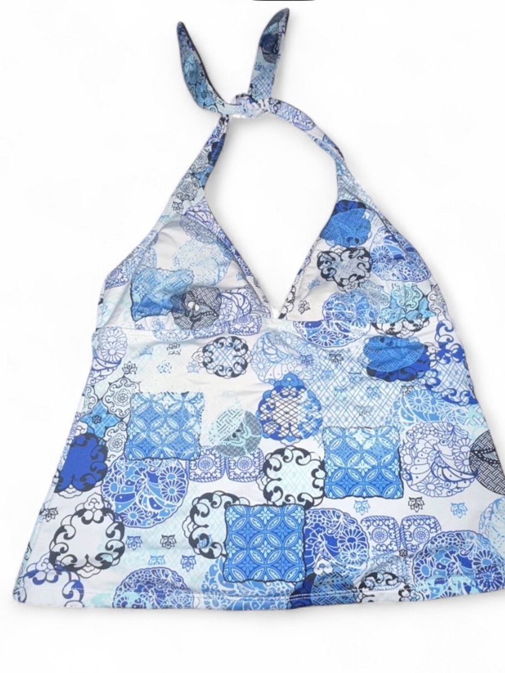 Old Navy 2007 Y2K Blue White Vintage Patchwork Tile Print Halter Tankini
